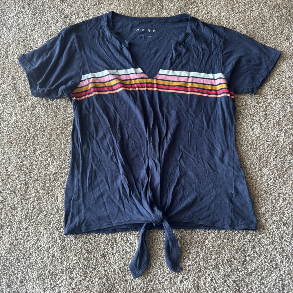 Navy Tie-Front Tee with Multicolor Stripes